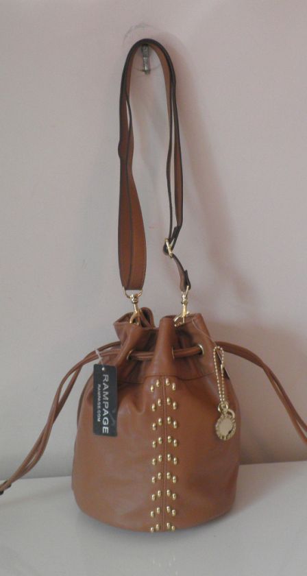   HANDBAG BROWN DRAWSTRING BUCKET HOBO CROSS BODY RYLAND STUDDED NWT $88