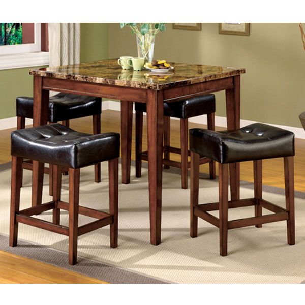 Solid Wood Galena Dark Oak Finish Marble Top 5 Piece Pub Set  