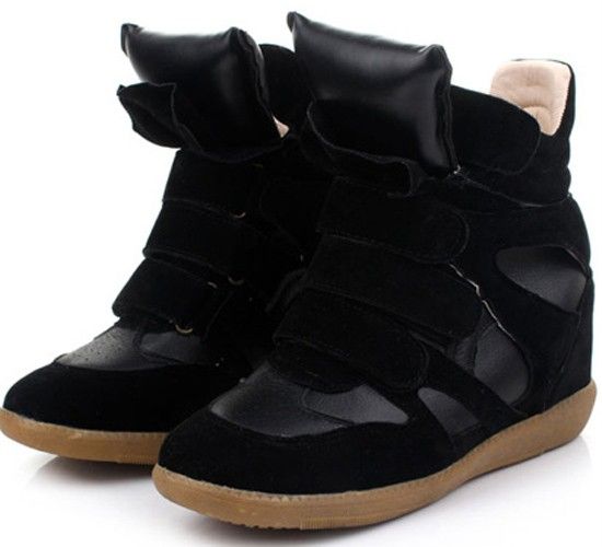 Leather Womens Hidden Wedge Boots Velcro Strap High Top Sneakers Shoes 