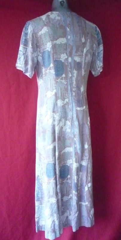 CHICOS Mauve & Blue Rayon Abstract Dress w/ Sun Buttons size 2 L 