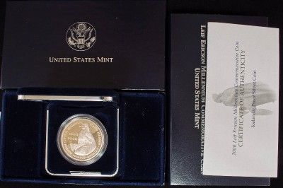 Iceland Proof 2000 Silver 1000 Kronur Leif Ericson U.S.Mint Box 