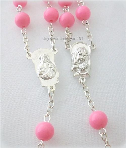 Pink Beaded Madonna Womens Girls Rosary Necklace 31  