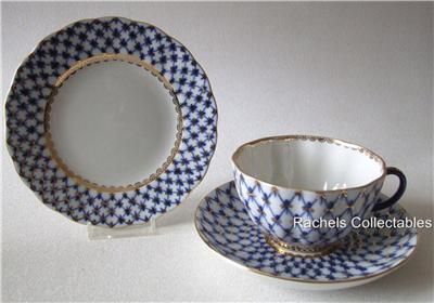 NEW LOMONOSOV RUSSIAN COBALT NET TEACUP SAUCER & PLATE  