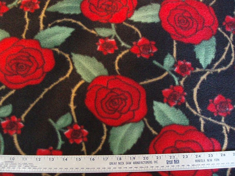 Fleece Fabric Red Rose Roses Stems Thorns BTY  