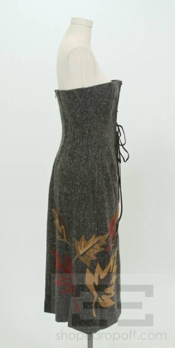   & Grey Wool Tweed & Suede Leaf Applique Corset Dress Sz 42  