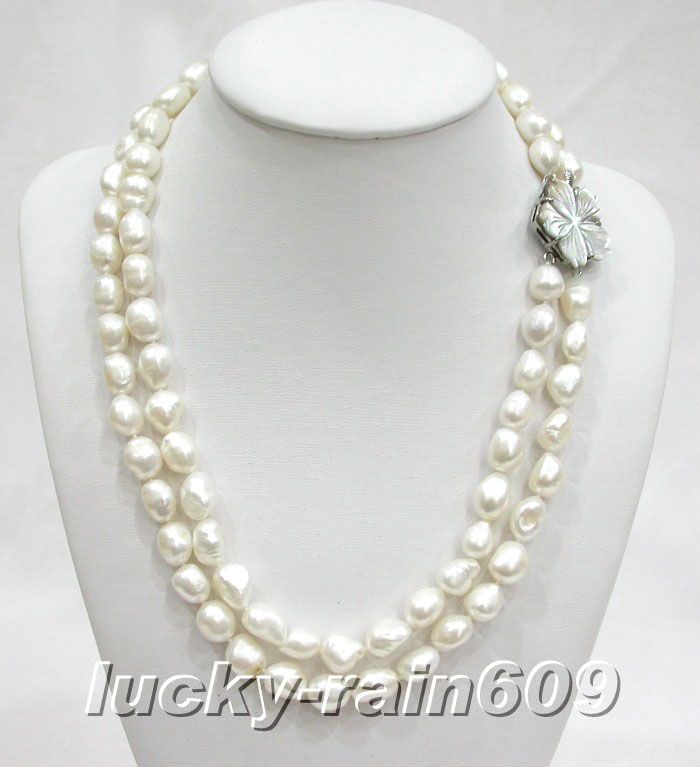 2rows 12mm NATURAL white Baroque pearls necklace  