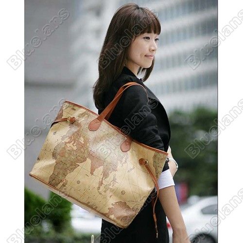 Vintage World Map Faux PU Leather Shoulder Bag Handbag Tote Shoppers 