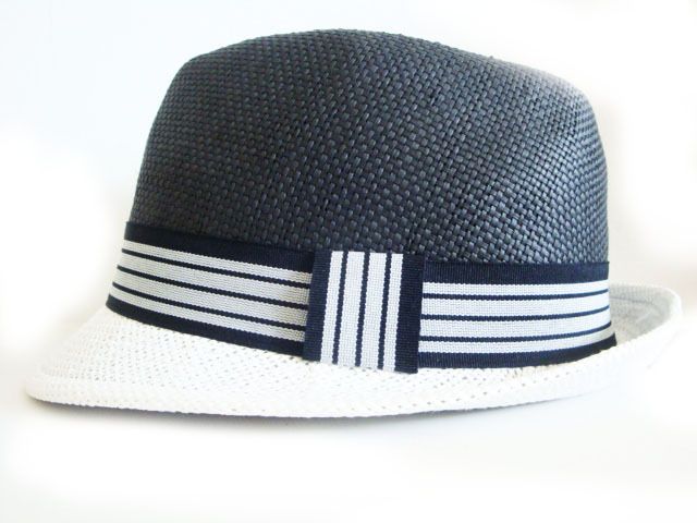 BLACK WITH WHITE BRIM STRAW STYLE FEDORA HAT SMALL  