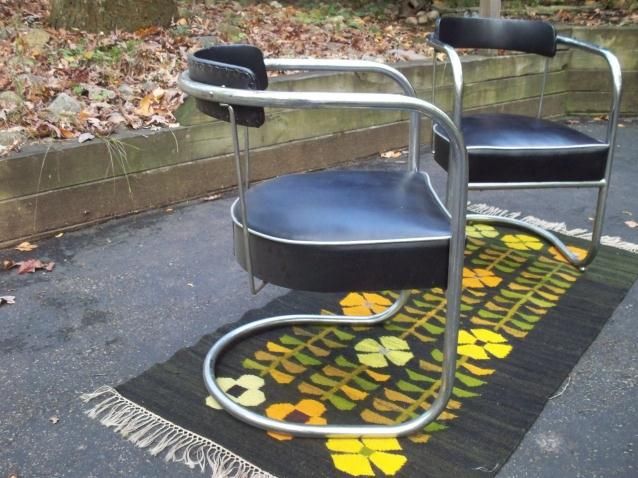 Antique Chrome Metal Tube Frame+Black Chairs 1930s Deco Style 