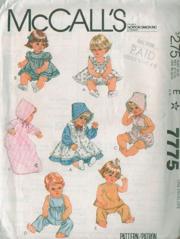 Vintage McCalls Baby Doll Clothes Sewing Pattern  