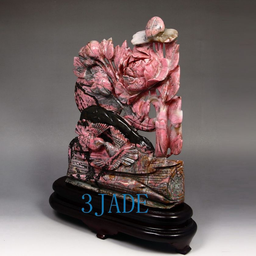   Rhodonite Gemstone Carving / Sculpture Birds / Flower Statue  