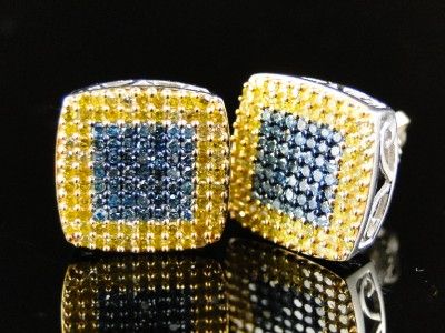 MENS LADIES CLUSTER ROUND BLUE DIAMOND STUD EARRINGS  