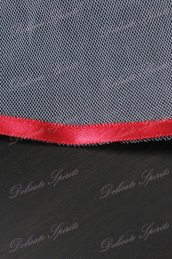 2T Diamond White Fingertip 6 mm Red Ribbon Wedding Veil  