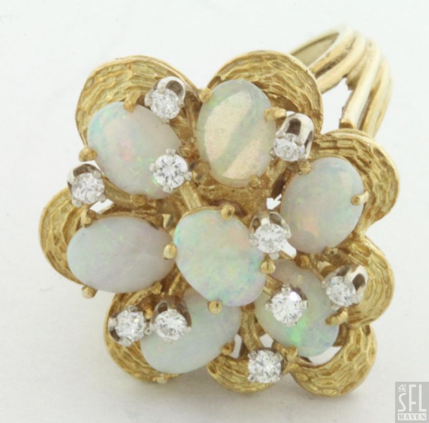 HEAVY 18K GOLD VINTAGE 2.40CT VS2/ H DIAMOND OPAL FLOWER RING  