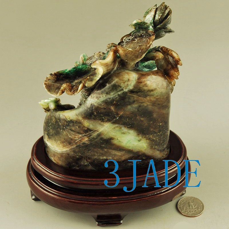 Natural Dushan Jade Carving Sculpture Flower & Bird  