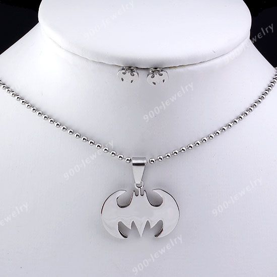   Stainless Steel Batman Bat Pendant Necklace + Ear Stud Earring Jewelry