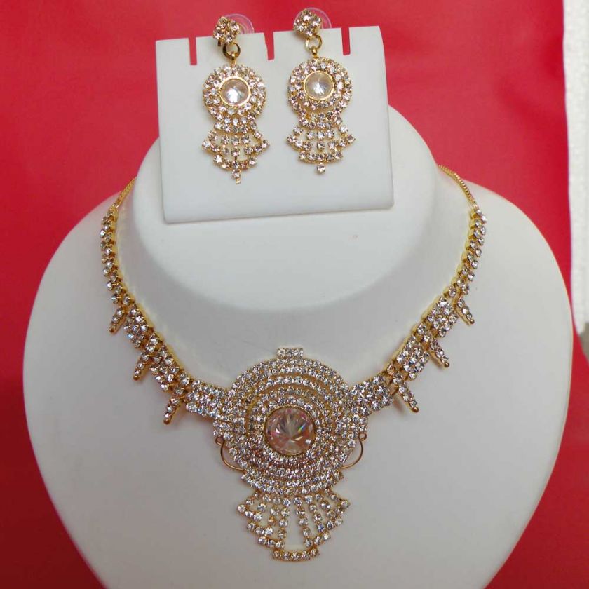 GORGEOUS BOLLYWOOD DESIGNER GOLD PLATD CZ FASHION BRIDAL NECKLACE 