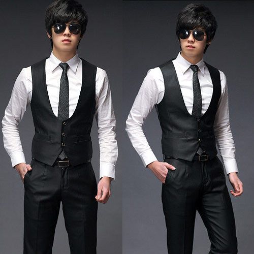 SOUTH KOREA MENS SLIM FIT STYLISH U NECK VEST BLACK  