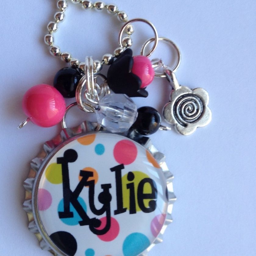 Personalized Bottle Cap Pendant Monogram Name Necklace Cute Dots