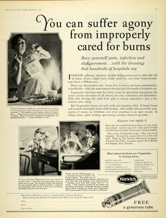 1926 Ad Norwich Pharmacal Burn Ointment Unguentine Tube   ORIGINAL 