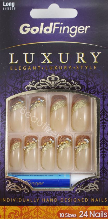 KISS GOLDFINGER Glue on Luxury 24 Nails Kit Long GFL02  