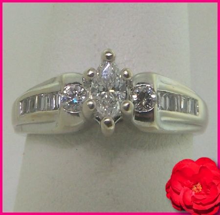  14 White Gold Marquise & Round Diamond Engagement Ring .54 carats