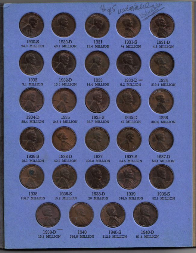 Partial Set of Lincoln Cents 1909 to 1940 Set #3  