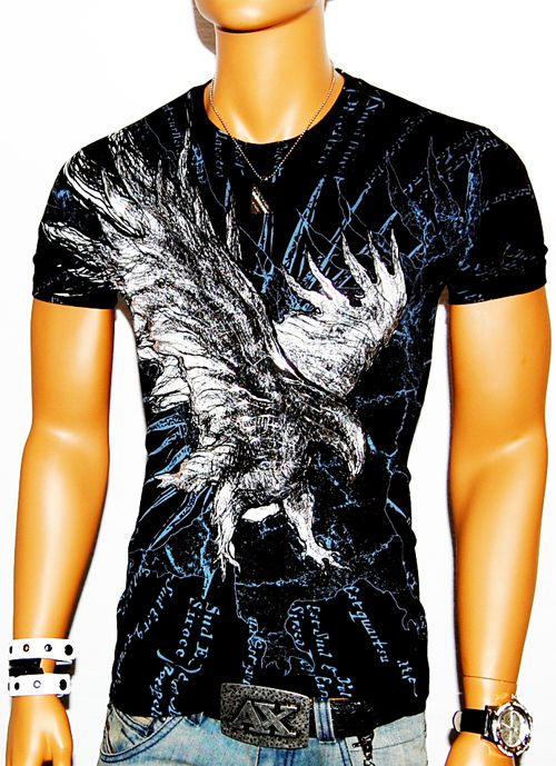 NWT MENS EAGLES FLIGHT BLACK DESIGNER T SHIRT MMA MUSCLE FOIL GRAPHIC 