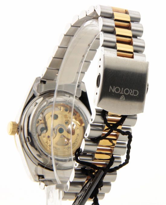 Croton Automatic Mens Steel 21 Jewels Watch Skeleton Fashion 2 Tone 