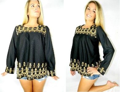   60s Crimplene Babydoll top embroidered retro details hippie Mod small