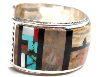 Gilbert Calavaza Zuni Inlay Pueblo Themed Cuff Unique  