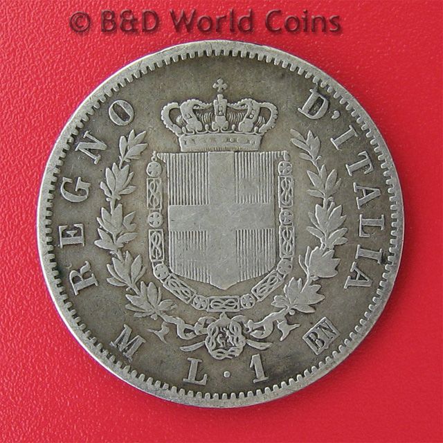 ITALY ITALIAN 1867 M BN ONE 1 LIRA SILVER MILAN 23mm  