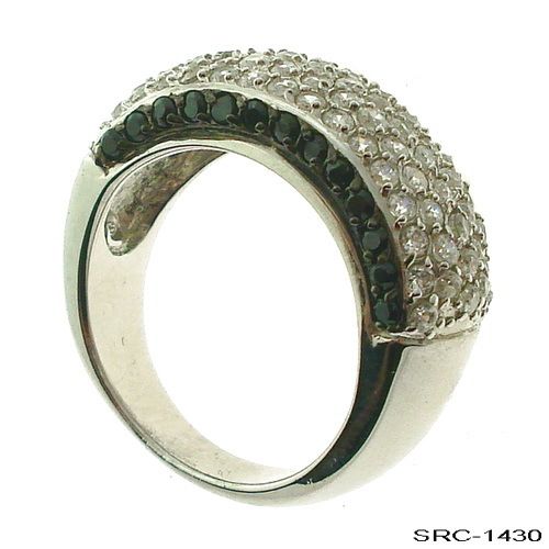 Glam Black & White Pave Five 5 Row Band Silver Ring 7  