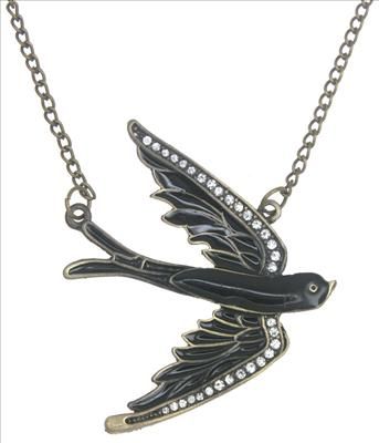 Black Sparrow Bird Dove Bronze Crystal Pendant Necklace  