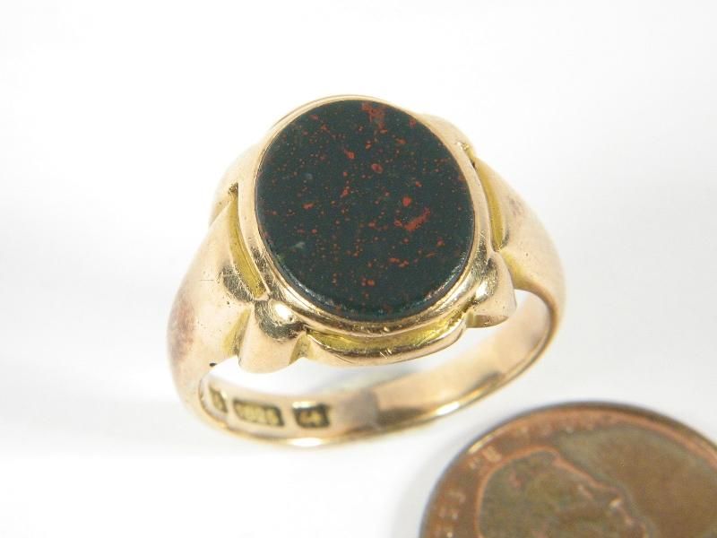 ANTIQUE ENGLISH 15K GOLD BLOODSTONE AGATE SEAL RING  