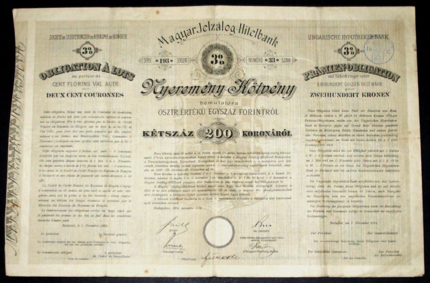 1894 Budapest, Hungary Bank Bond Certificate  