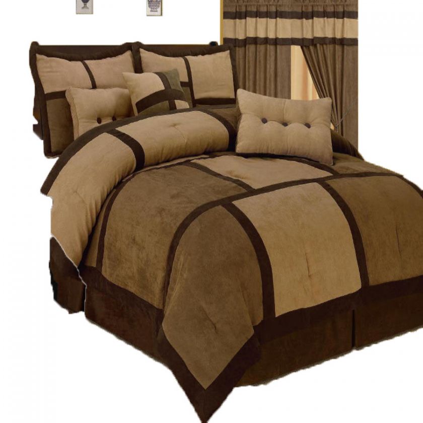 New Modern Suede 7 PC Comforter Set Patchwork Shams Decorative Pillows 