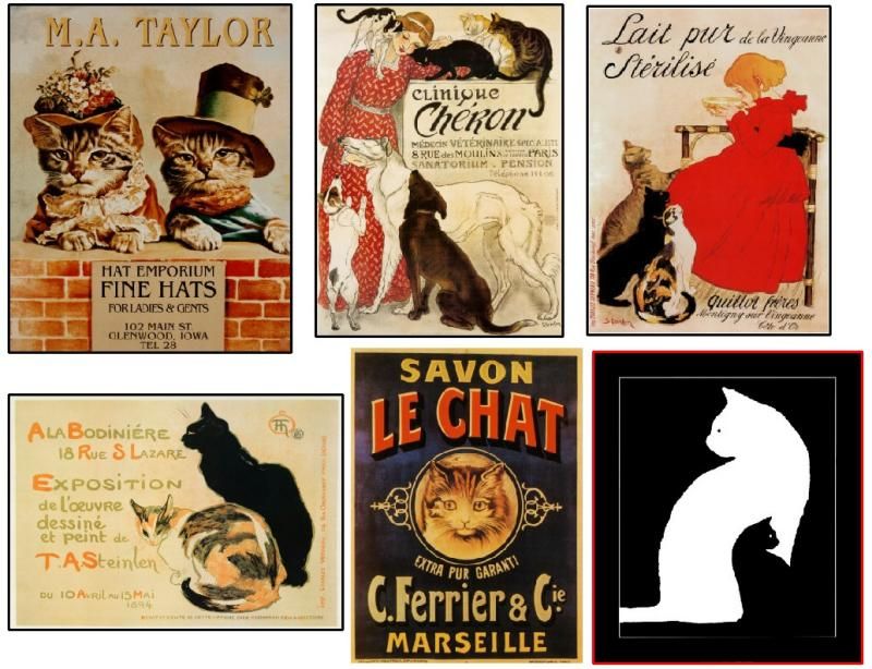 Lg. Magnets set 6 vintage CAT Chat posters feline kitty  