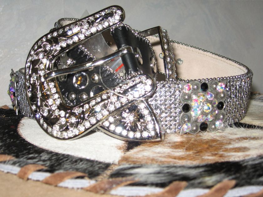   BLING COWGIRL BELT BERRY BEAD CONCHOS BLACK CRYSTAL SILVER MAIL  