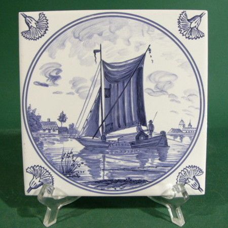 c484a Fishing Boat on Delft Blue Tile Meissen  