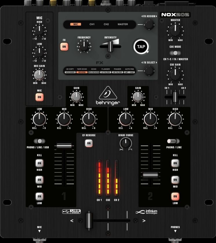 BEHRINGER NOX202 2 channel Club DJ Mixer XLR RCA Sync FX USB 120V&240V 