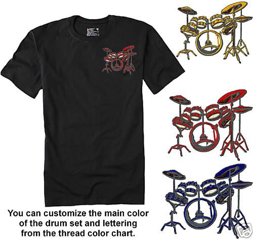 Embroidered DRUM SET   DRUMS 12 Colors Tee Shirt  