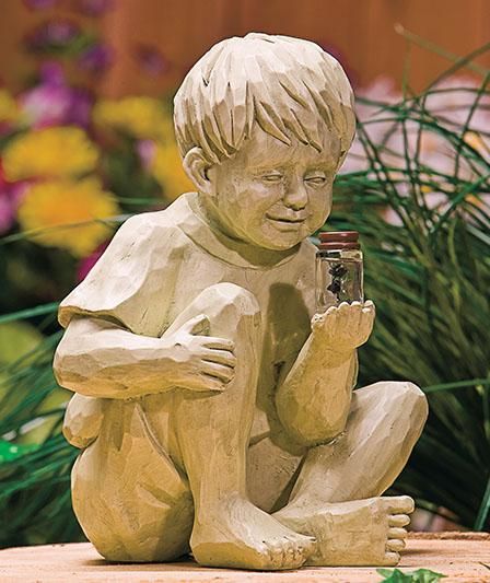 CHARMING BOY AND/OR GIRL GARDEN STATUES WITH SOLAR FIREFLY IN GLASS 