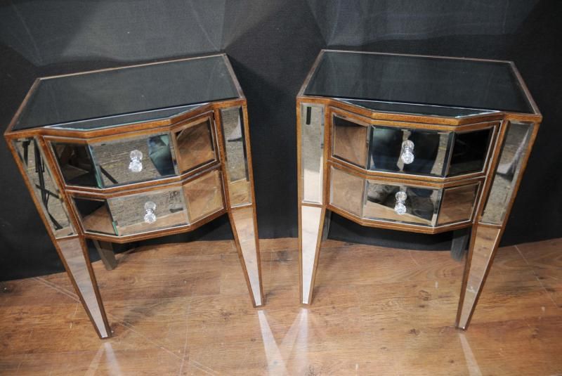 Pair Deco Mirror Nightstands Bedside Tables Chests Cabinets Mirrored 