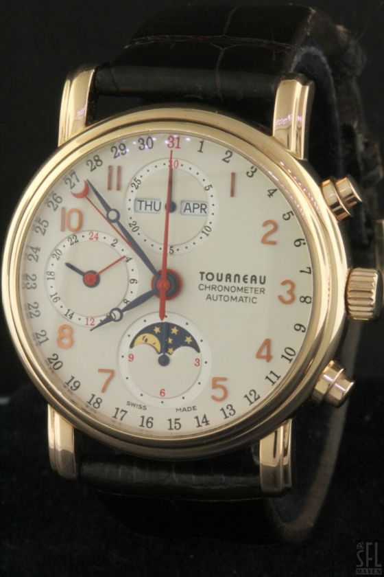 TOURNEAU 18K ROSE GOLD 32008P MOON PHASE CALENDAR GMT AUTOMATIC MENS 