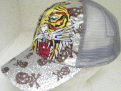 TATTOO STYLE TRUCKER SKULL SILVER TIGER SNAP BACK HAT  