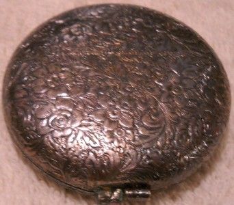 VINTAGE ANTIQUE SILVERTONE MINI COMPACT WITH MIRROR AND REVLON LOVE 