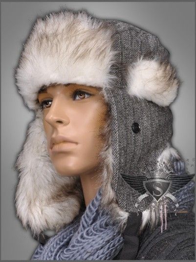 AM Gray Khaki Thick Winter Cosy Men Hat Fur Earflaps Snowy Hunter 